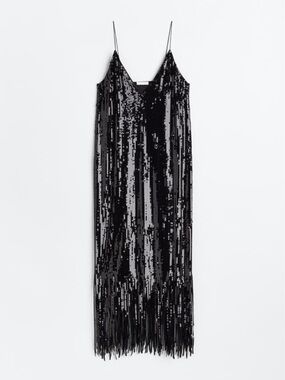 H&M Black Sequin Fringe Maxi Slip Dress